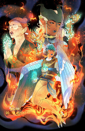 OC commission of a reincarnating character, from Tiefling to Halfling to Strix!